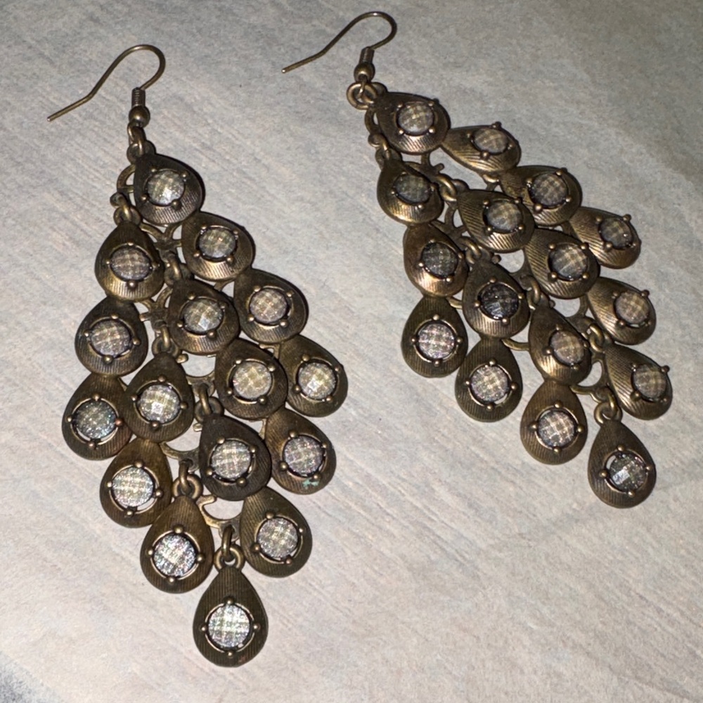 Vintage bronze tone drop earrings with gray facetted stones